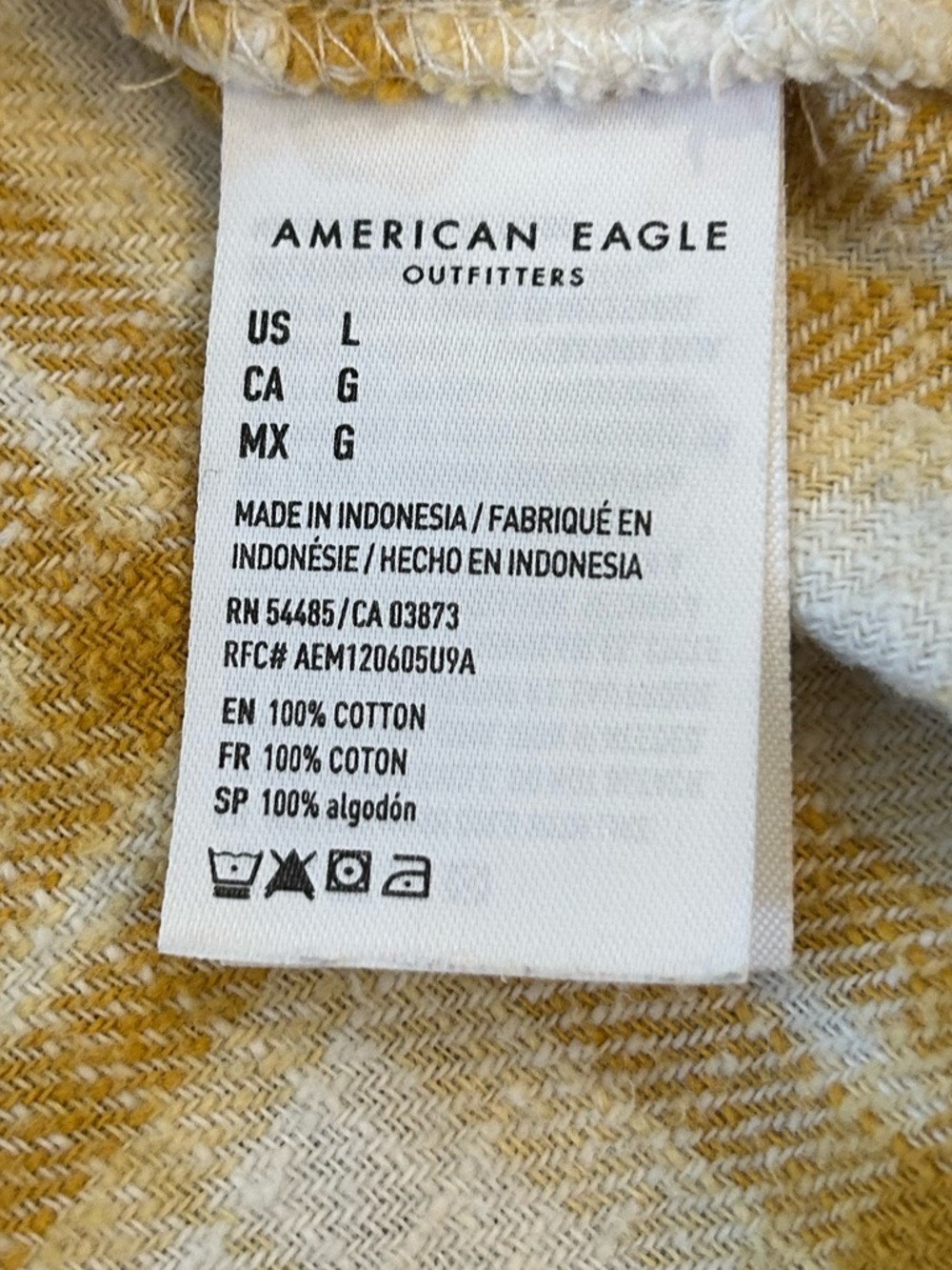 American Eagle Cropped Mustard Plaid Distressed Elbow Flannel Shirt L - Picture 5 of 5